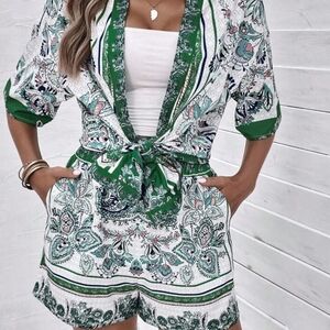 Shein Green and White Paisley Print Romper